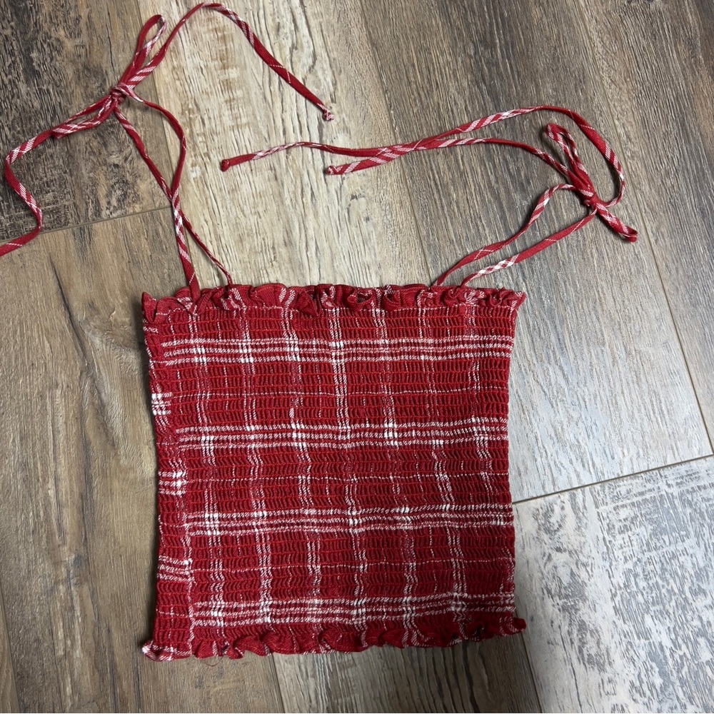 Reformation red gingham crop top with tie straps S